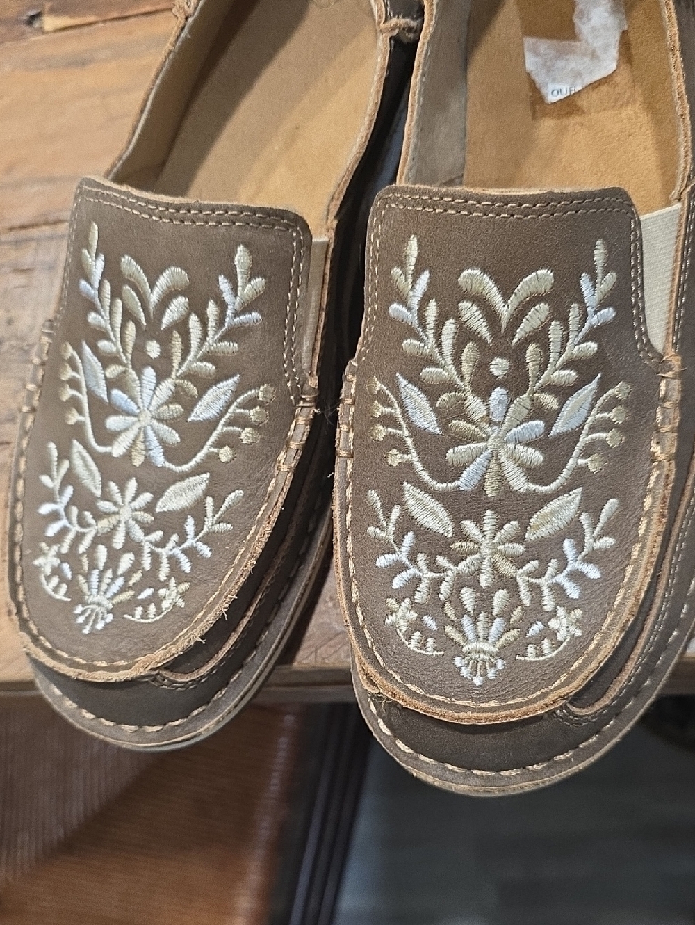 Ariat Taupe Slip-On Loafers with White Embroidered Floral Detail - Picture 3 of 6